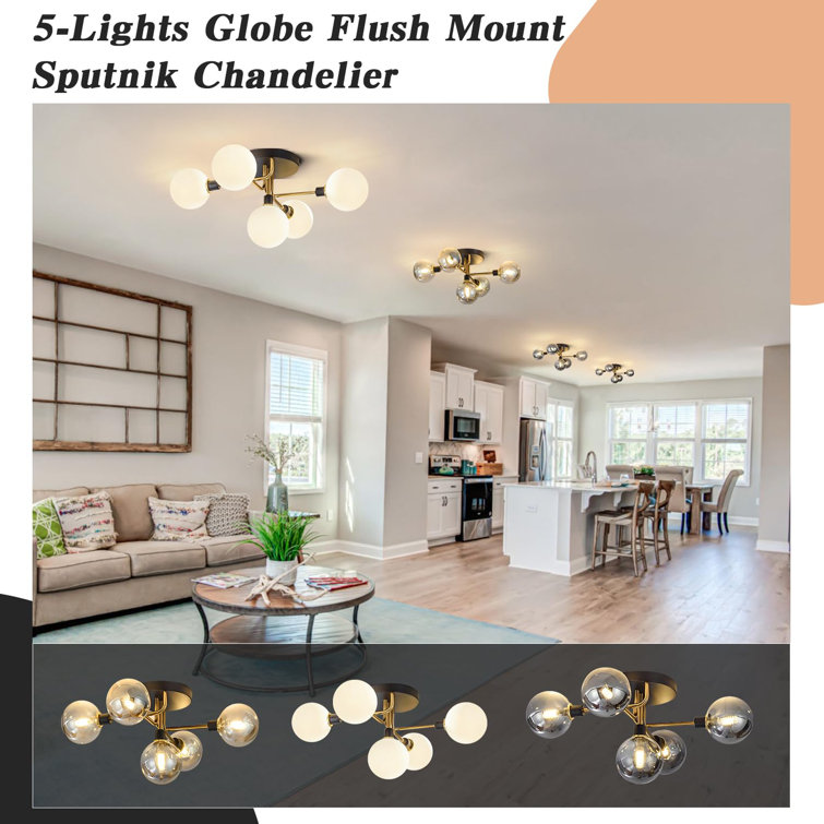 Mid Century Modern Black and Brass Globe Ceiling Light