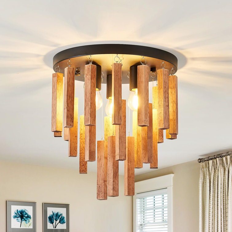 Oak and Black 3-Light Semi Flush Mount Ceiling Chandelier