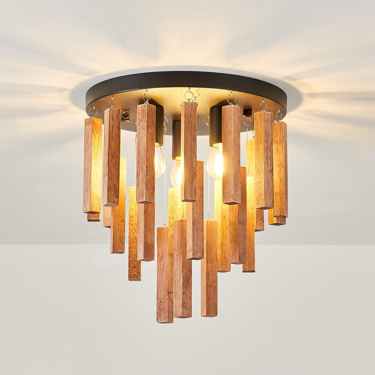 Oak and Black 3-Light Semi Flush Mount Ceiling Chandelier