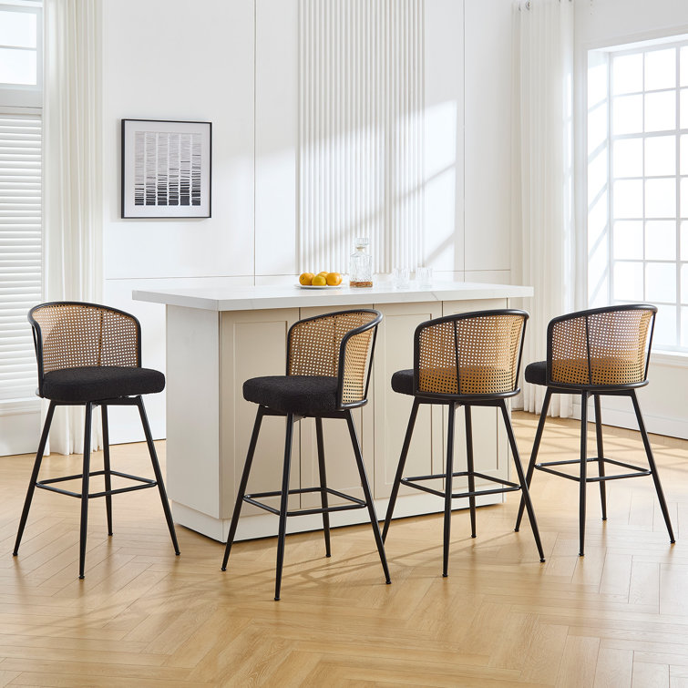 Black Boucle Fabric and Rattan Swivel Counter Stools with Metal Legs