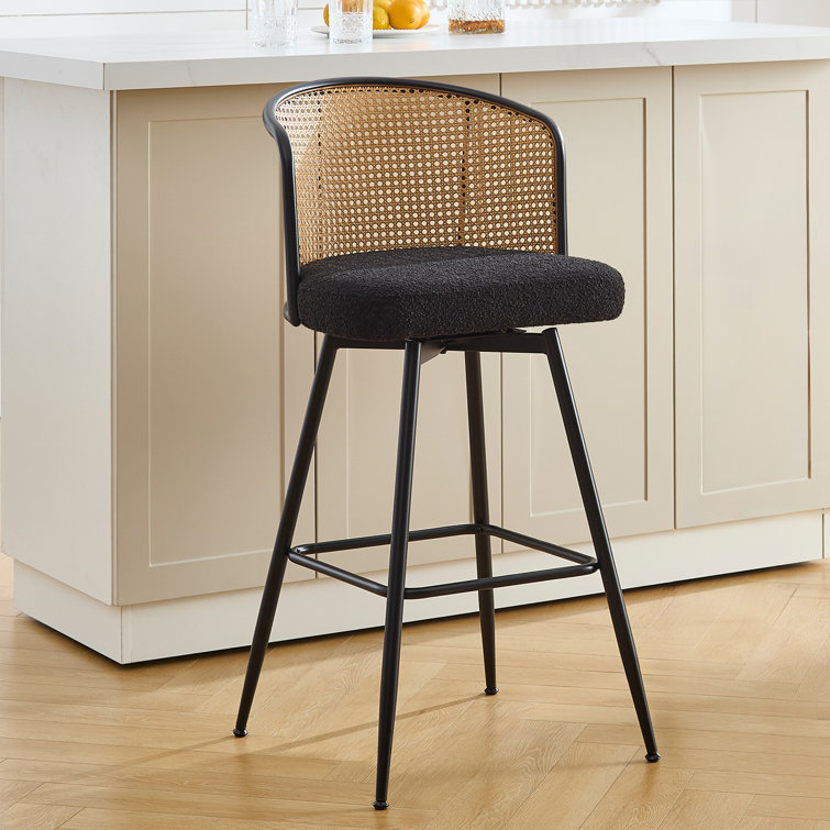 Black Boucle Fabric and Rattan Swivel Counter Stools with Metal Legs