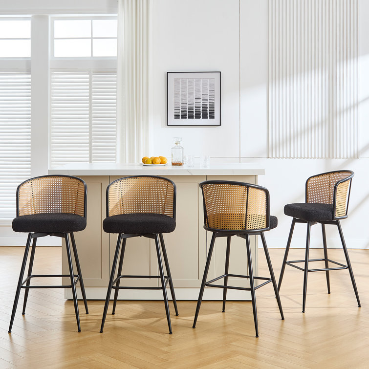 Black Boucle Fabric and Rattan Swivel Counter Stools with Metal Legs