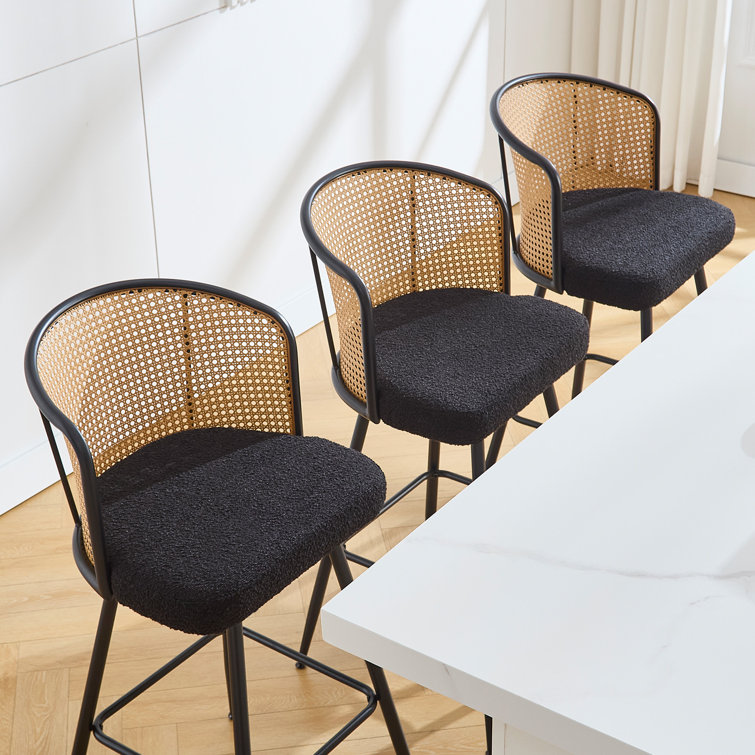 Black Boucle Fabric and Rattan Swivel Counter Stools with Metal Legs