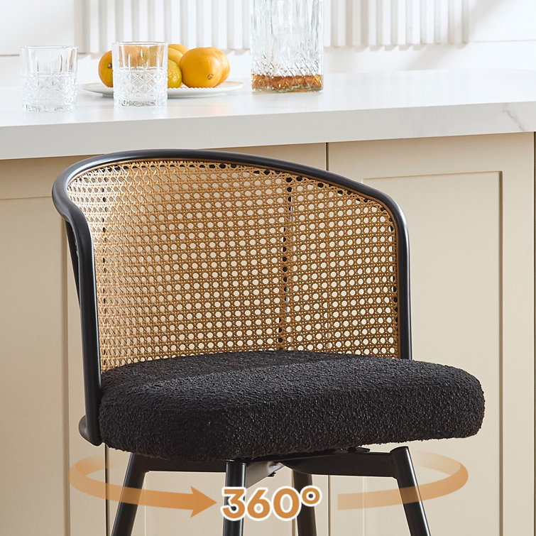 Black Boucle Fabric and Rattan Swivel Counter Stools with Metal Legs