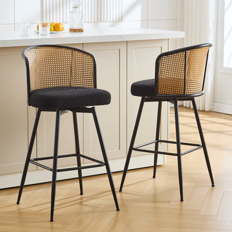 Black Boucle Fabric and Rattan Swivel Counter Stools with Metal Legs