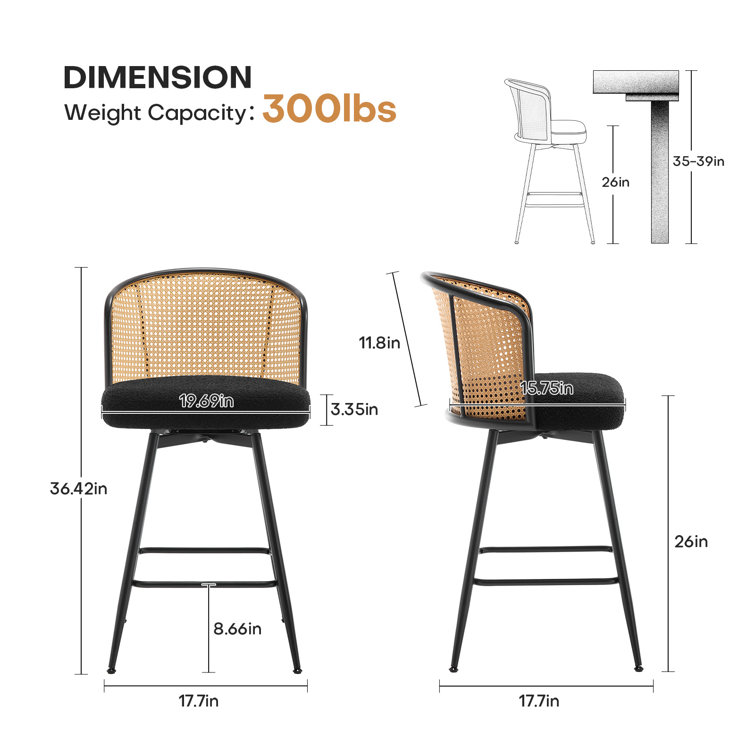 Black Boucle Fabric and Rattan Swivel Counter Stools with Metal Legs