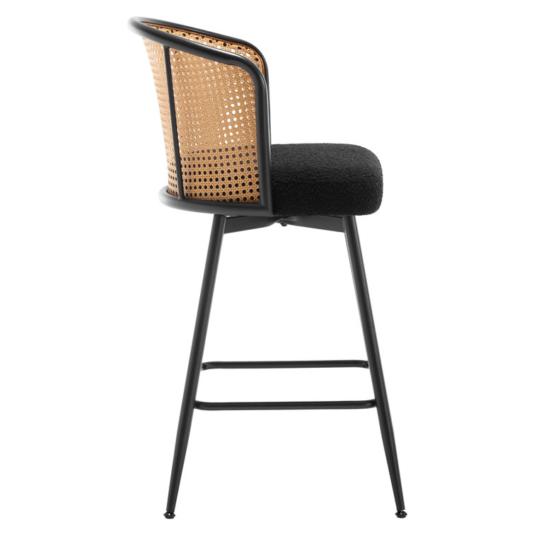 Black Boucle Fabric and Rattan Swivel Counter Stools with Metal Legs