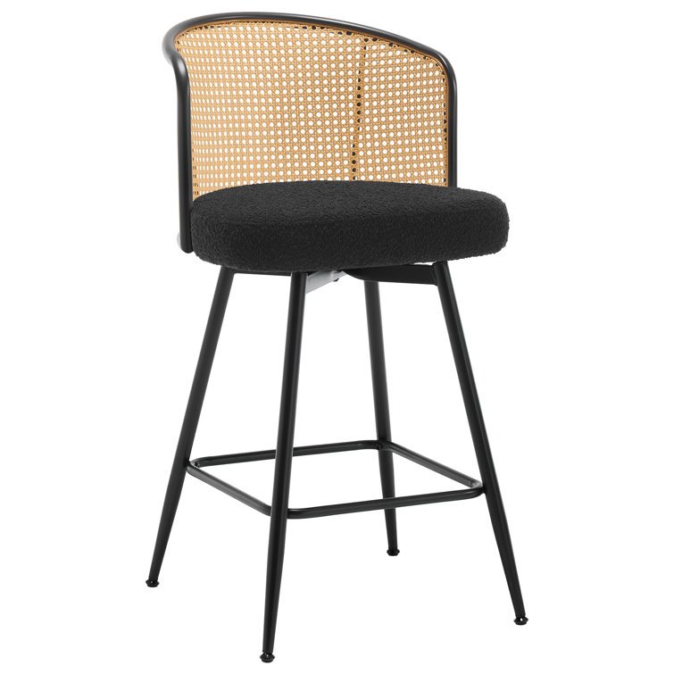 Black Boucle Fabric and Rattan Swivel Counter Stools with Metal Legs