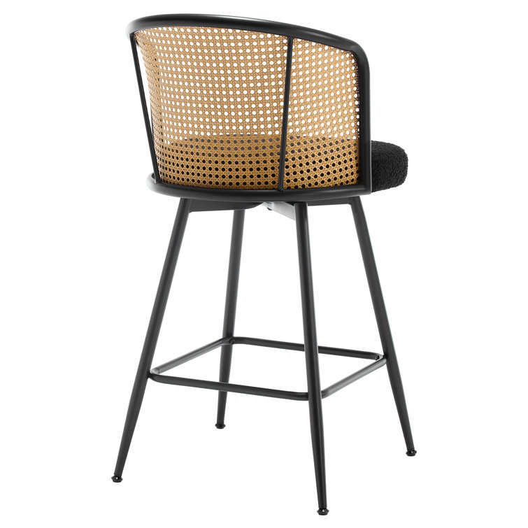 Black Boucle Fabric and Rattan Swivel Counter Stools with Metal Legs