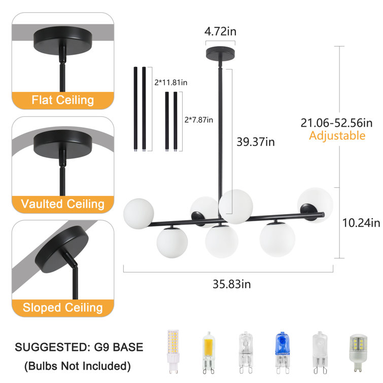 7 - Light Dimmable Modern White Glass Globe Sputnik Linear Chandelier