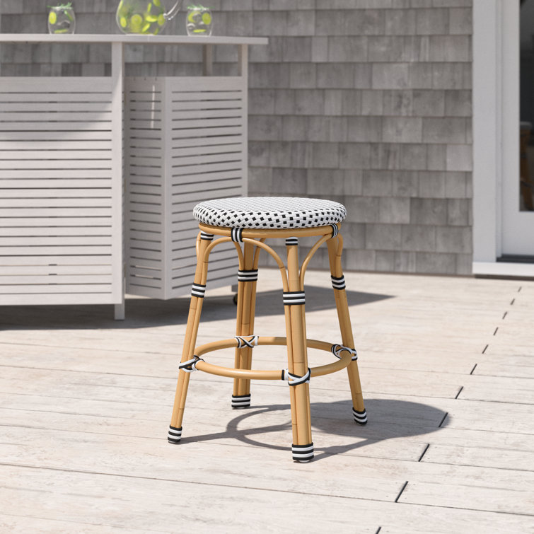 Blue and Natural Wicker Patio Counter Stool with Metal Legs