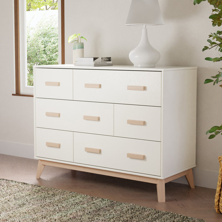White and Washed Natural Mid-Century 6-Drawer Dresser