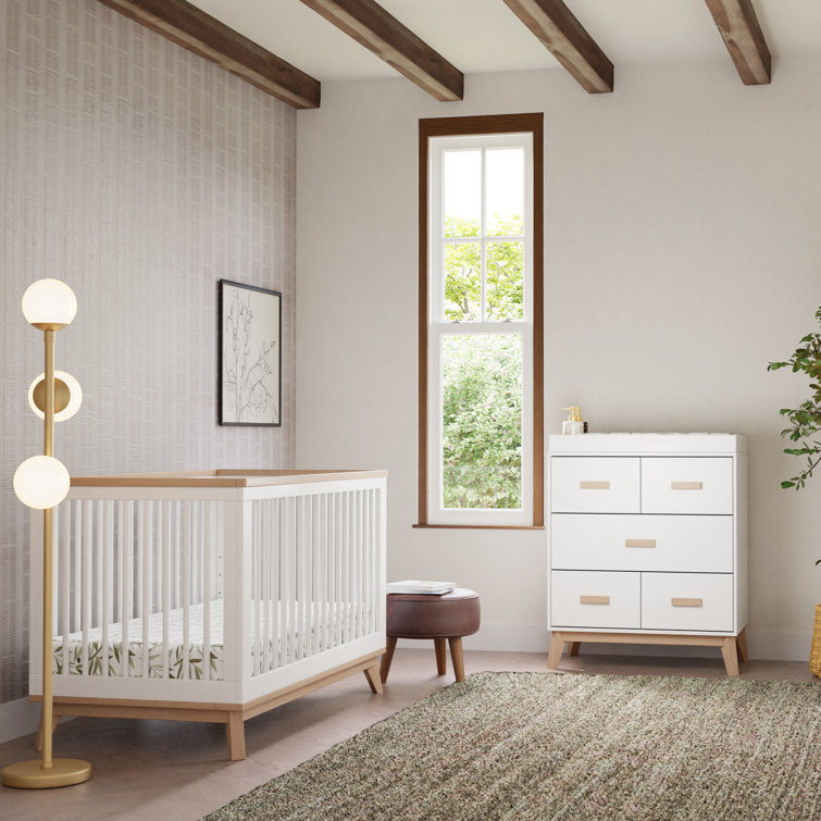 White and Washed Natural Mid-Century 6-Drawer Dresser