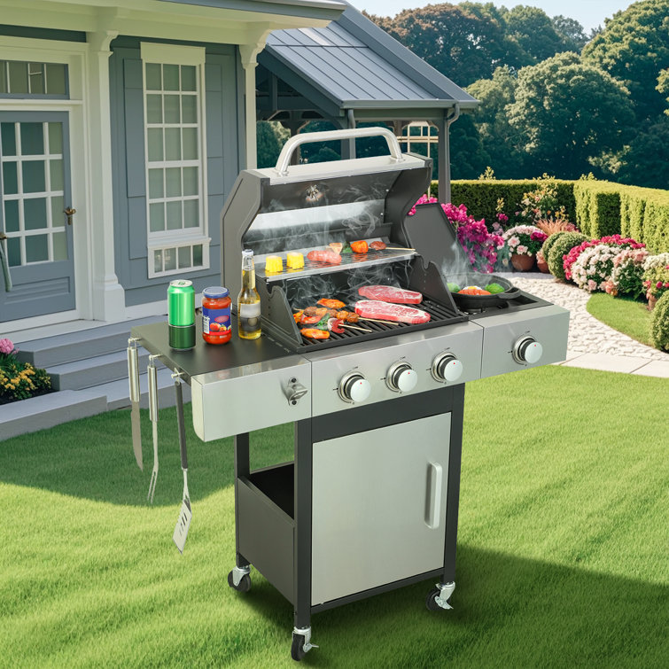 Stainless Steel 3-Burner Propane Gas Grill with Side Burner