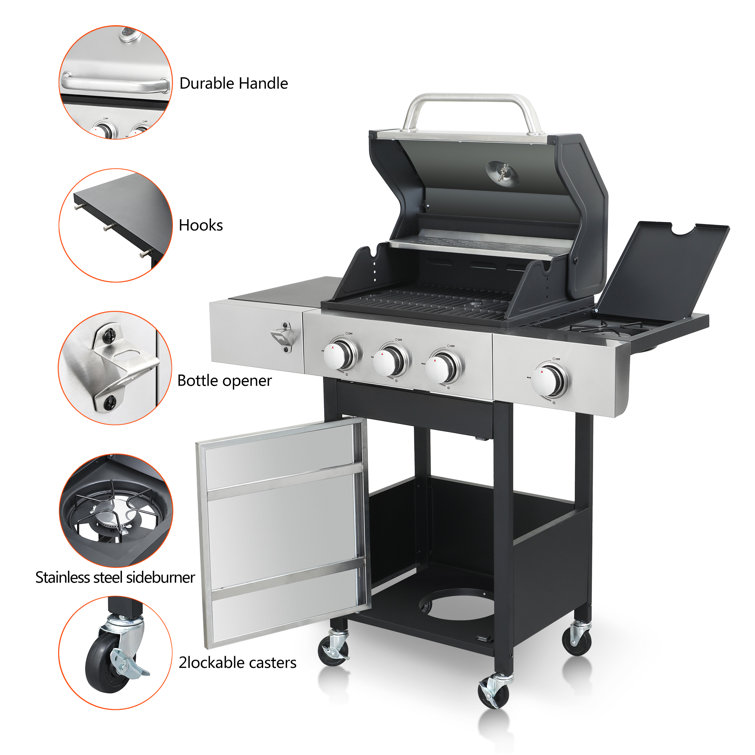 Stainless Steel 3-Burner Propane Gas Grill with Side Burner
