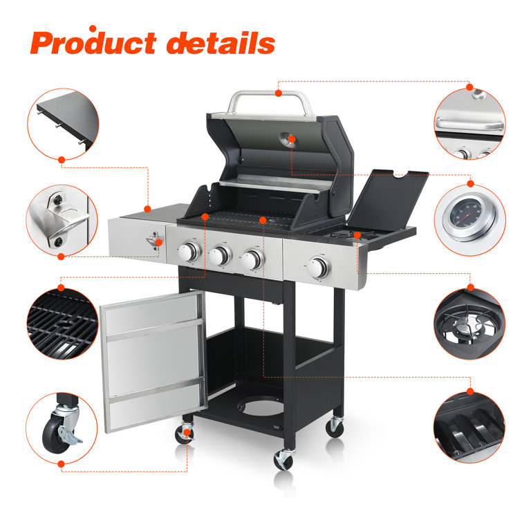Stainless Steel 3-Burner Propane Gas Grill with Side Burner