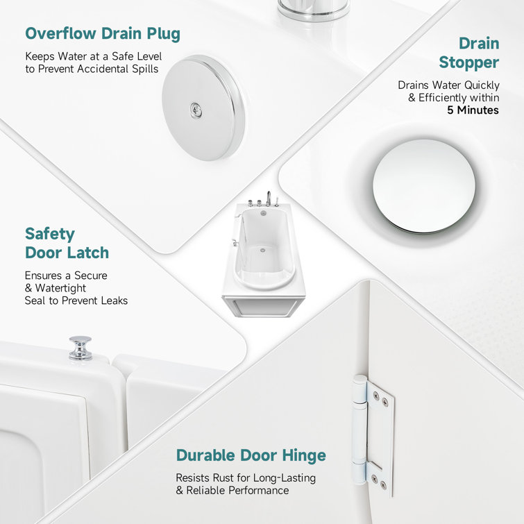 52" White Acrylic Walk-In Bathtub with Inswing Door