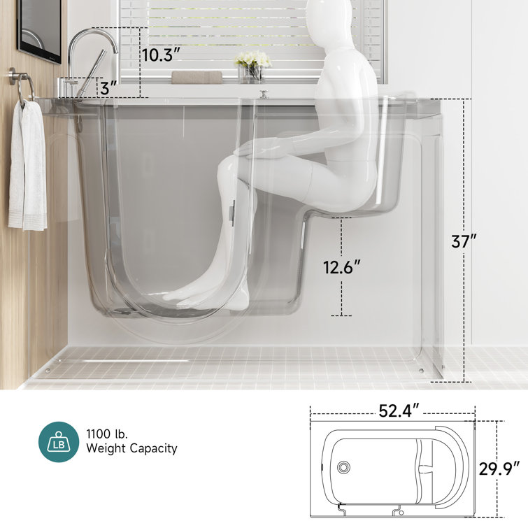 52" White Acrylic Walk-In Bathtub with Inswing Door