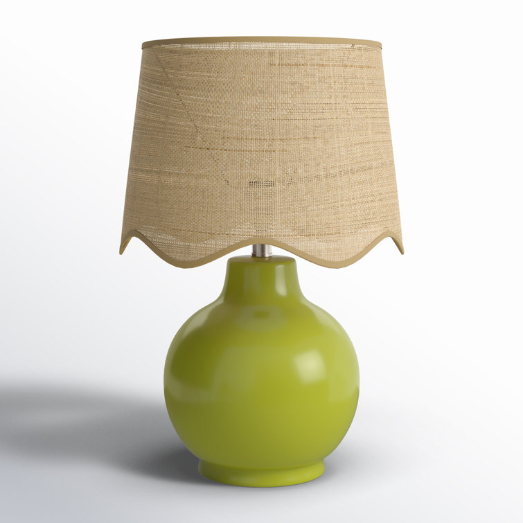 Green Ceramic Table Lamp with Tan Rattan Shade
