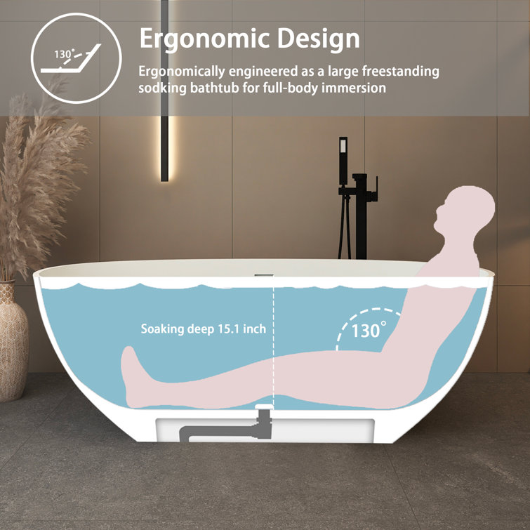 65-Inch Matte White Solid Surface Freestanding Soaking Bathtub