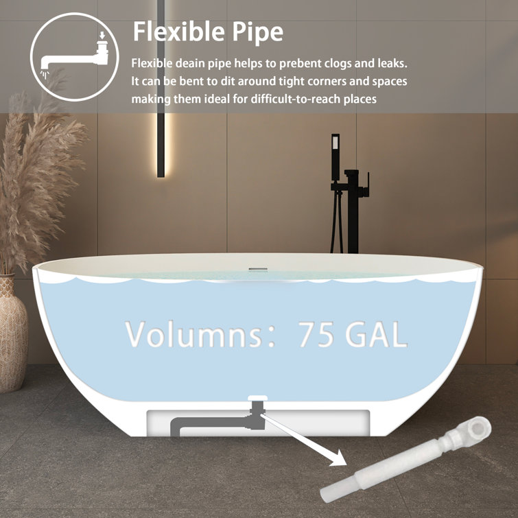65-Inch Matte White Solid Surface Freestanding Soaking Bathtub