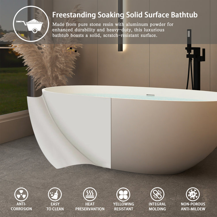65-Inch Matte White Solid Surface Freestanding Soaking Bathtub