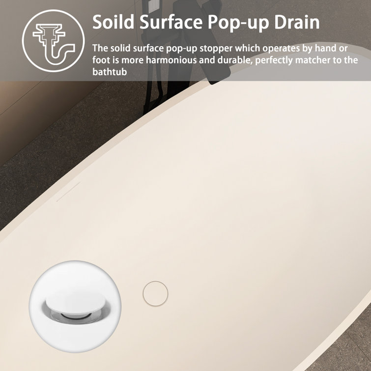 65-Inch Matte White Solid Surface Freestanding Soaking Bathtub