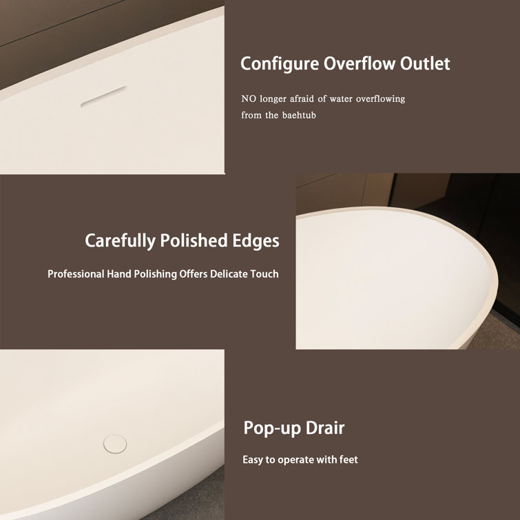 65-Inch Matte White Solid Surface Freestanding Soaking Bathtub