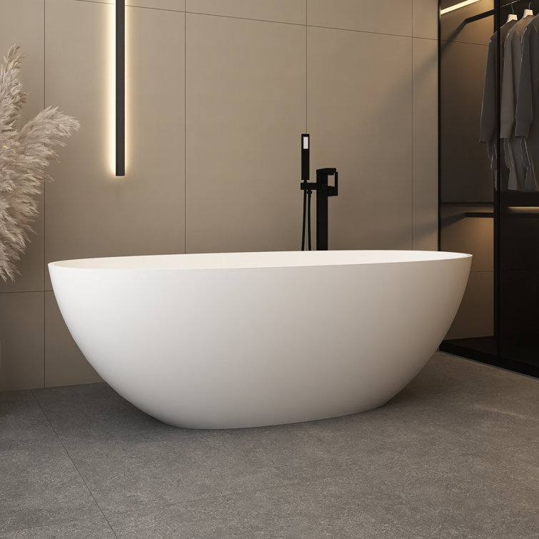 65-Inch Matte White Solid Surface Freestanding Soaking Bathtub