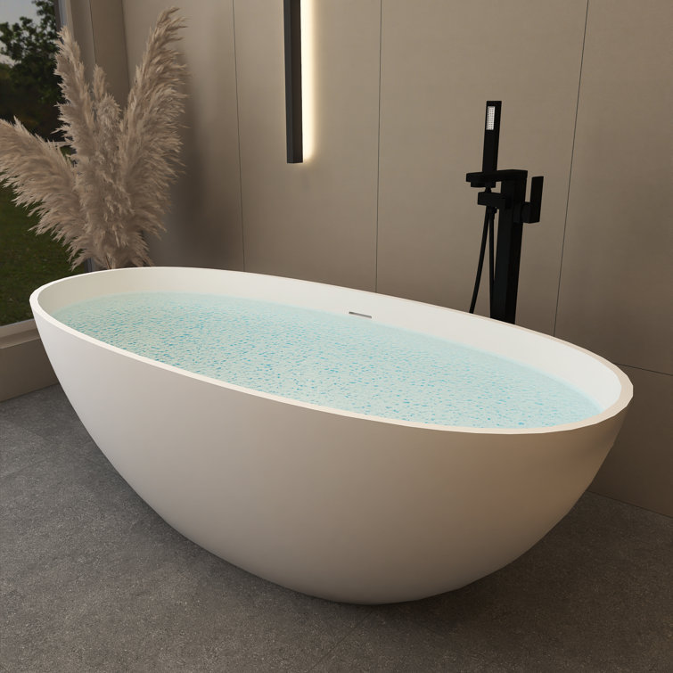 65-Inch Matte White Solid Surface Freestanding Soaking Bathtub