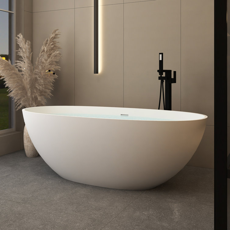 65-Inch Matte White Solid Surface Freestanding Soaking Bathtub