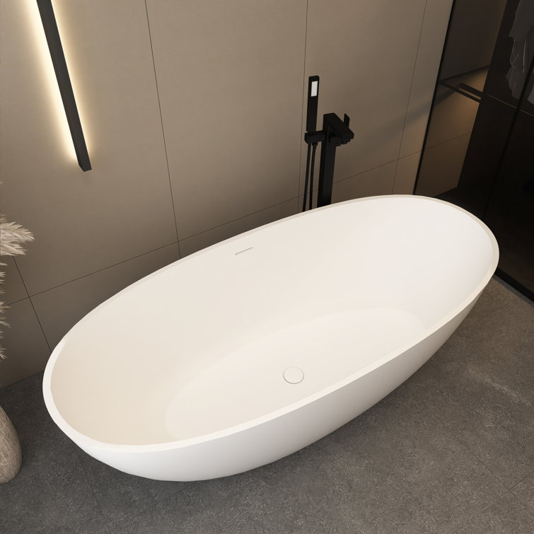 65-Inch Matte White Solid Surface Freestanding Soaking Bathtub