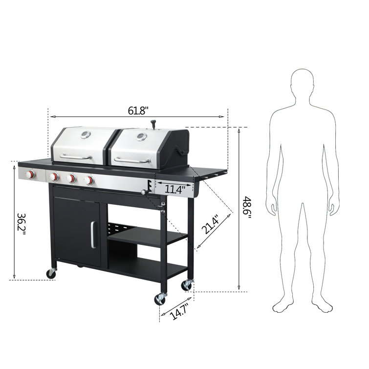 Stainless Steel 3-Burner Propane Gas and Charcoal Grill with Side Burner