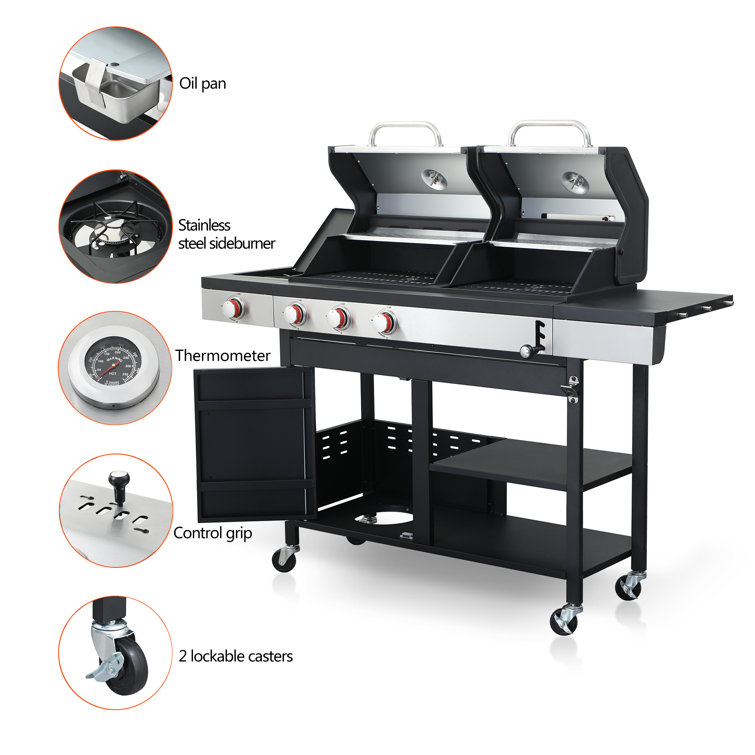 Stainless Steel 3-Burner Propane Gas and Charcoal Grill with Side Burner