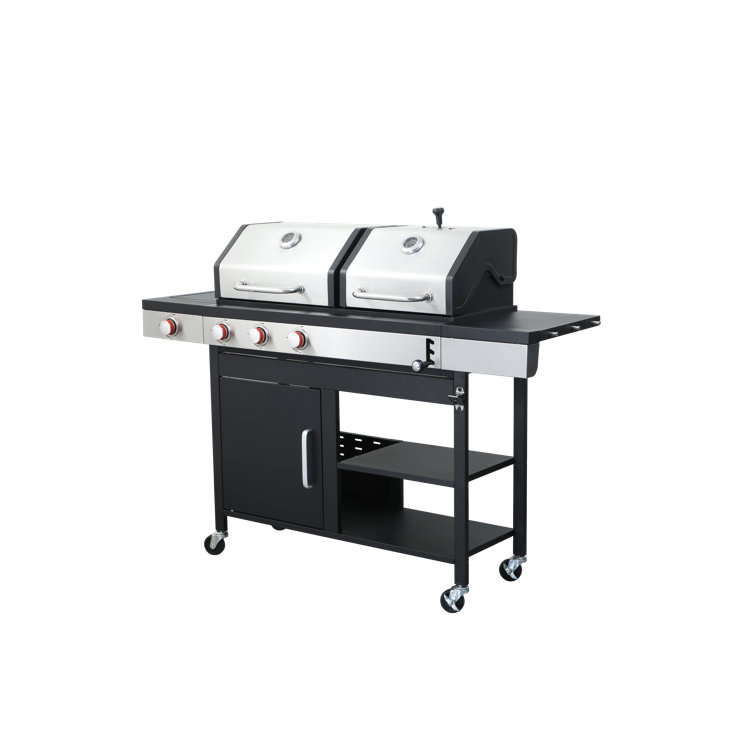 Stainless Steel 3-Burner Propane Gas and Charcoal Grill with Side Burner