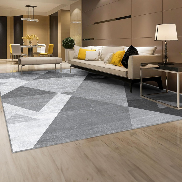 Gray and White Geometric Washable Synthetic Area Rug 9'x12'