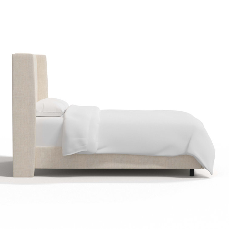 Beige Queen Upholstered Wingback Bed with Wood Frame
