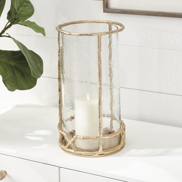 Gold Bamboo-Like Glass Hurricane Candle Holder, 16"