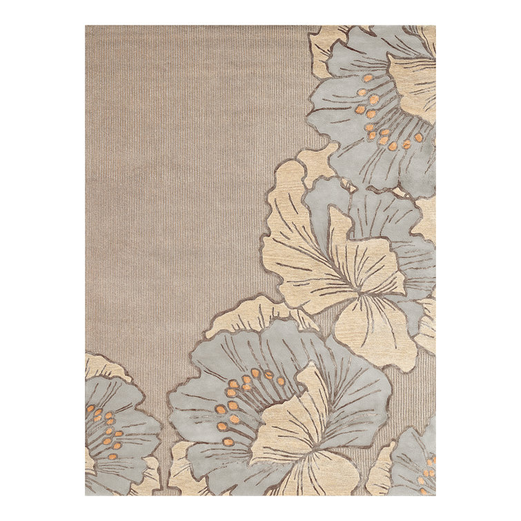 Taupe Floral Handmade Wool and Viscose 9' x 12' Area Rug