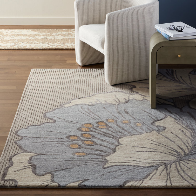 Taupe Floral Handmade Wool and Viscose 9' x 12' Area Rug
