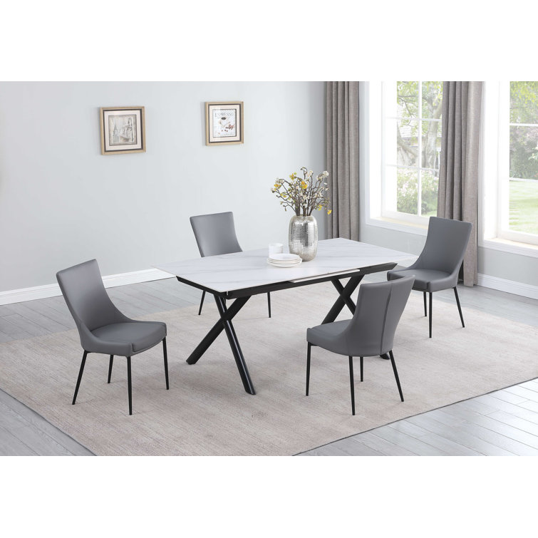 White Stone Top Extendable Dining Table with 4 Gray Upholstered Chairs