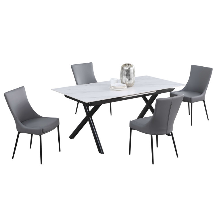White Stone Top Extendable Dining Table with 4 Gray Upholstered Chairs