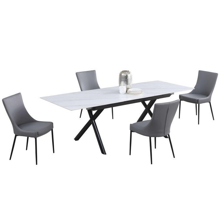 White Stone Top Extendable Dining Table with 4 Gray Upholstered Chairs