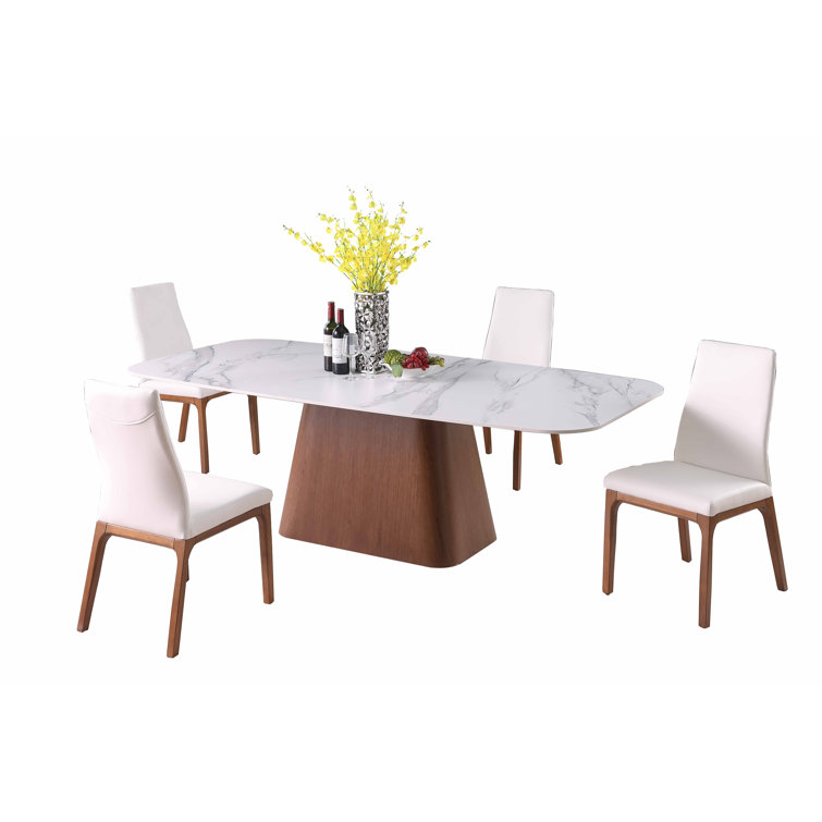 White Marbleized Stone Top Dining Table with Solid Wood Base and Chairs
