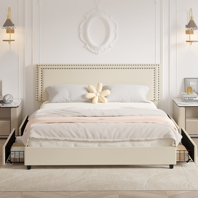 White Velvet Upholstered King Platform Bed with Storage Drawers