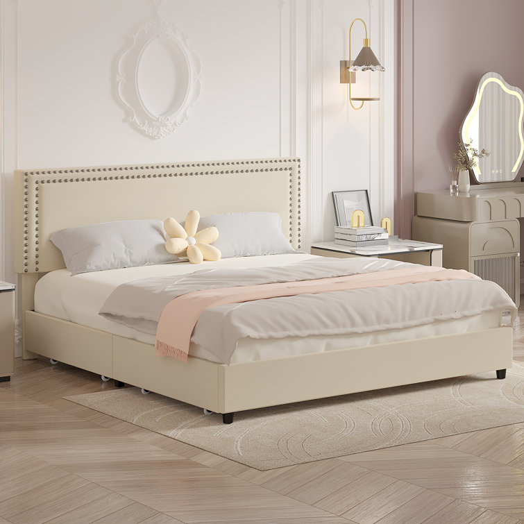 White Velvet Upholstered King Platform Bed with Storage Drawers