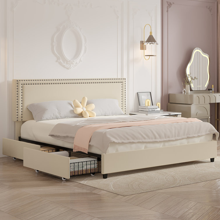 White Velvet Upholstered King Platform Bed with Storage Drawers