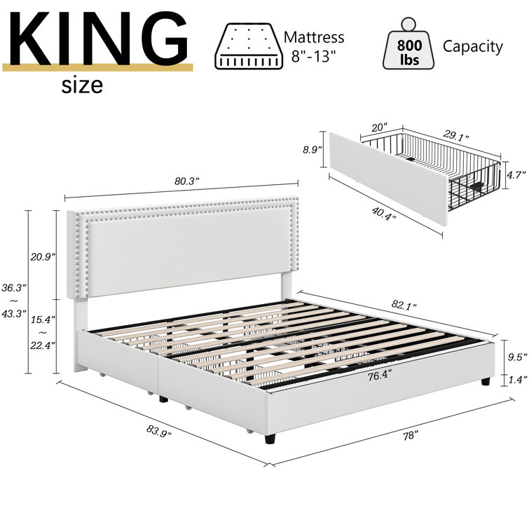 White Velvet Upholstered King Platform Bed with Storage Drawers
