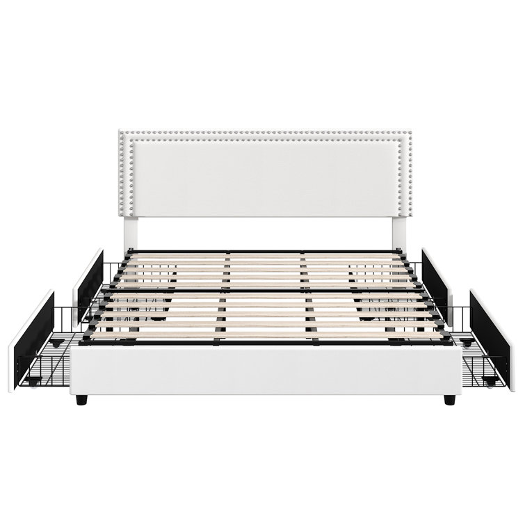 White Velvet Upholstered King Platform Bed with Storage Drawers