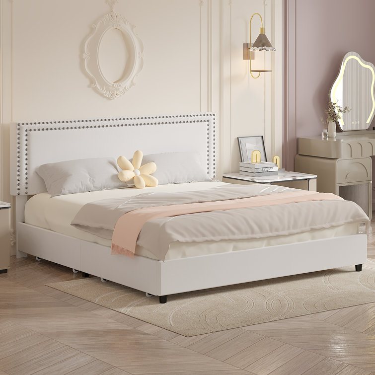 White Velvet Upholstered King Platform Bed with Storage Drawers